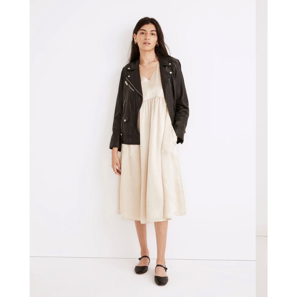 Madewell Dress Puff-Sleeve V-Neck Empire Waist in Shiny Gold with Pockets XS